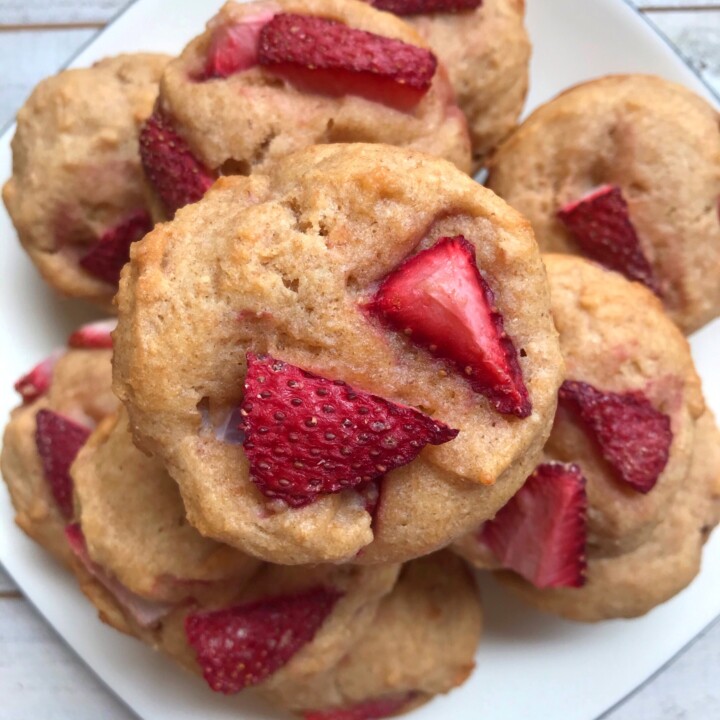 Overhead shot of stack of Strawberry Ricotta Muffins