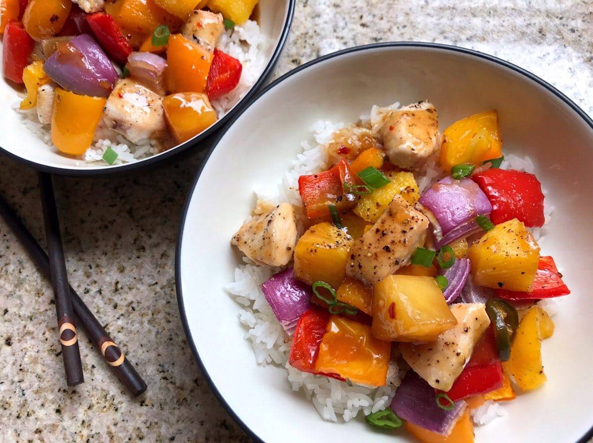 Overhead shot of Pineapple Chicken Bowls