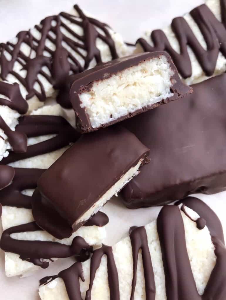 Close-up shot of a pile of Healthy Homemade Mounds Bars