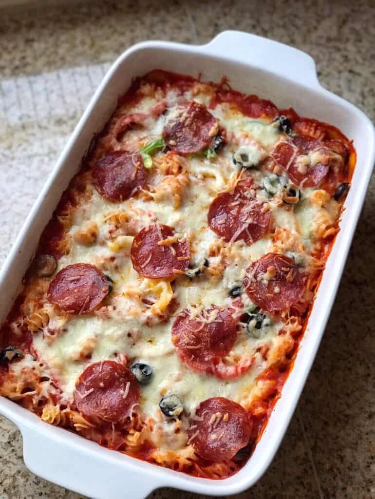 Overhead shot of baked Easy Pizza Pasta Bake