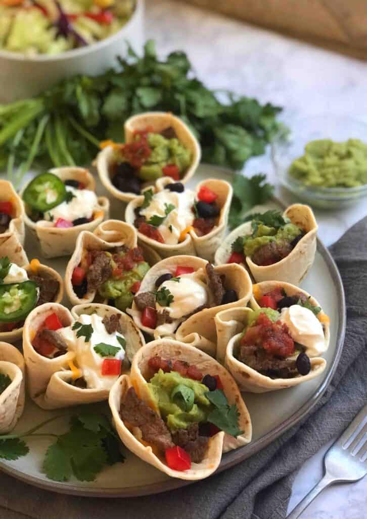 Mini Beef Taco Cups on a platter