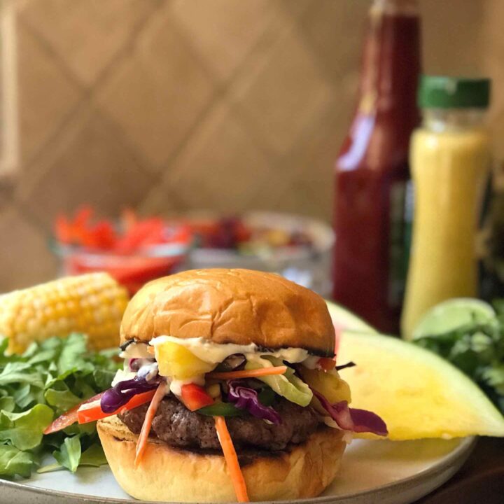 Closeup shot of Rainbow Beef Burger on a plate