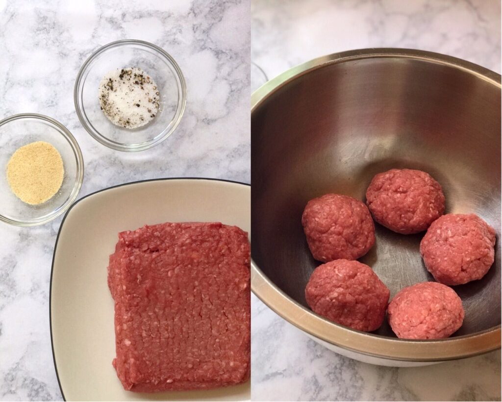 Side by side shots of ground beef and seasonings into rounded burgers 