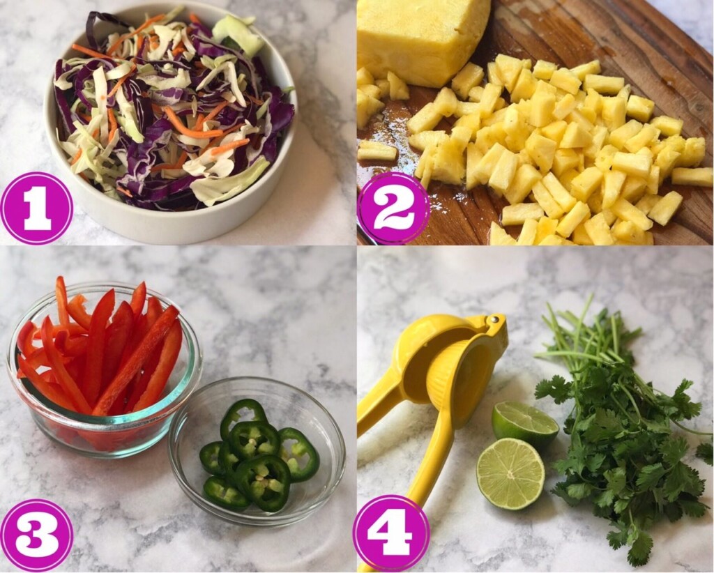 4 images showing Rainbow Slaw ingredients 