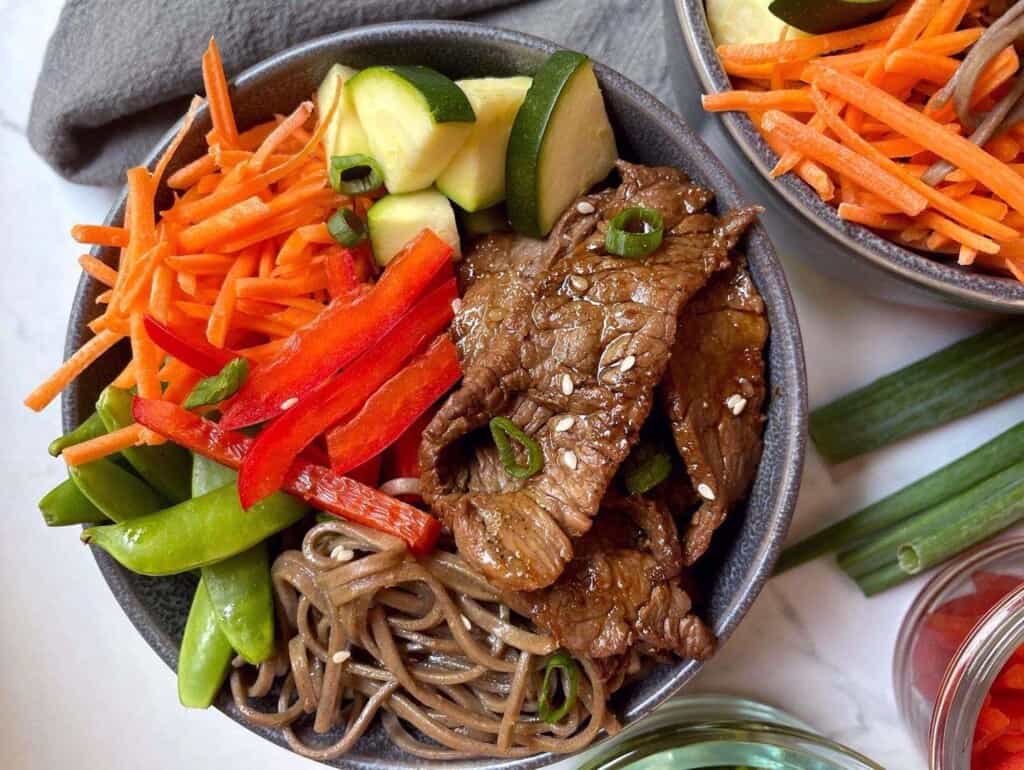 Overhead Close-Up shot of prepared beef noodle bowl
