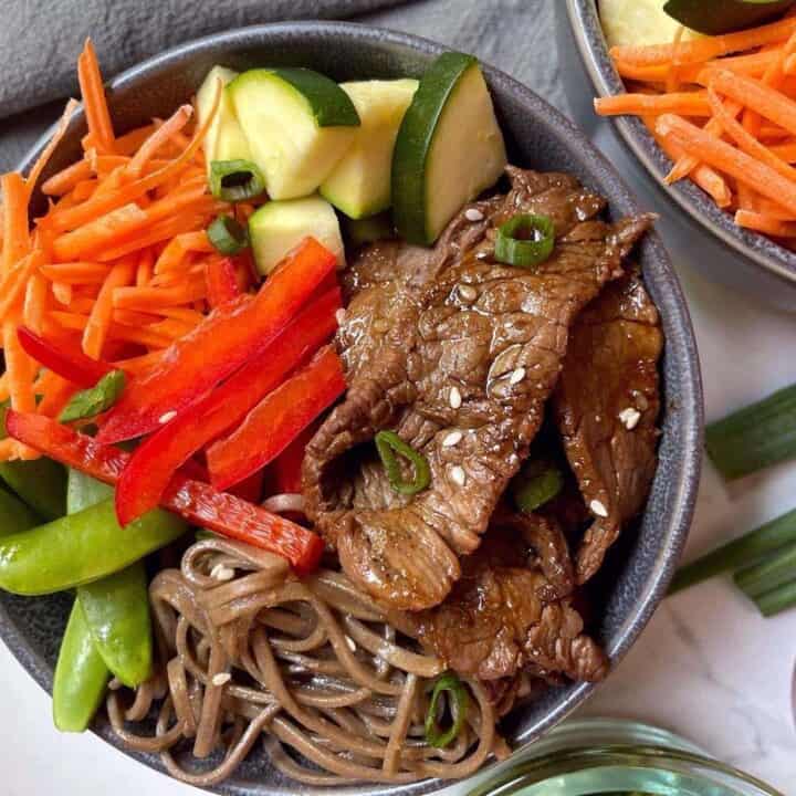 Overhead Close-Up shot of prepared beef noodle bowl