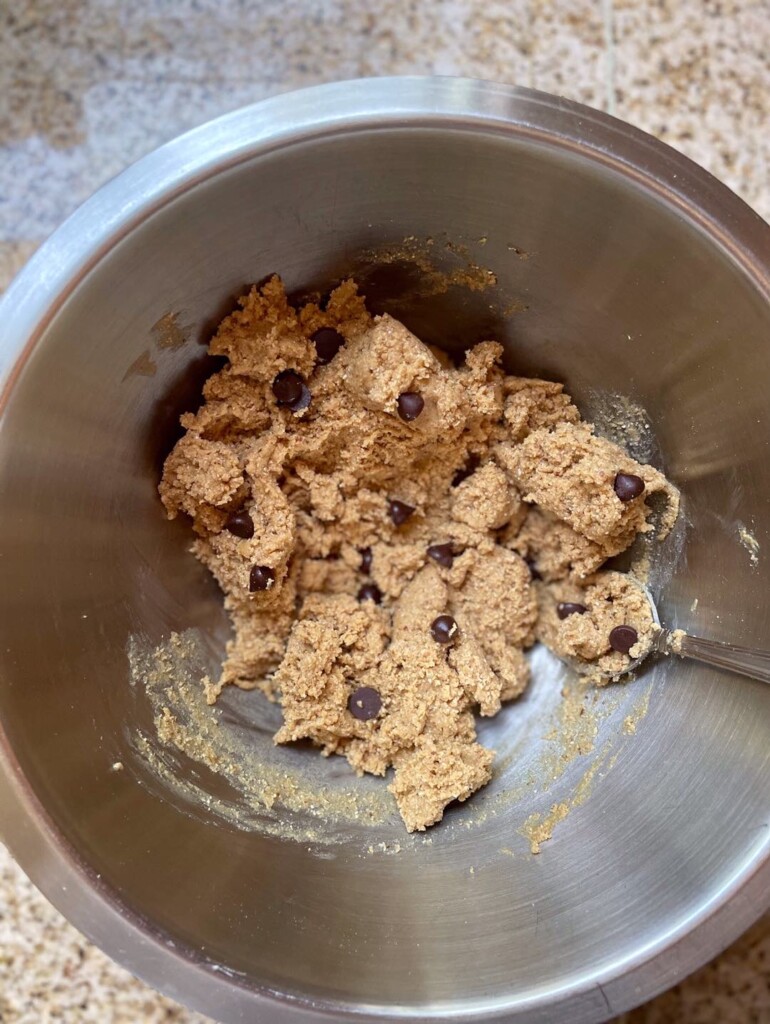 Overhead shot of complete perfect bar mixture in a mixing bowl