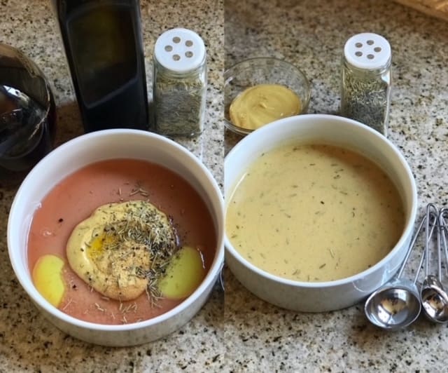 Side-by-side shots of Rosemary-Dijon dressing being made and complete.