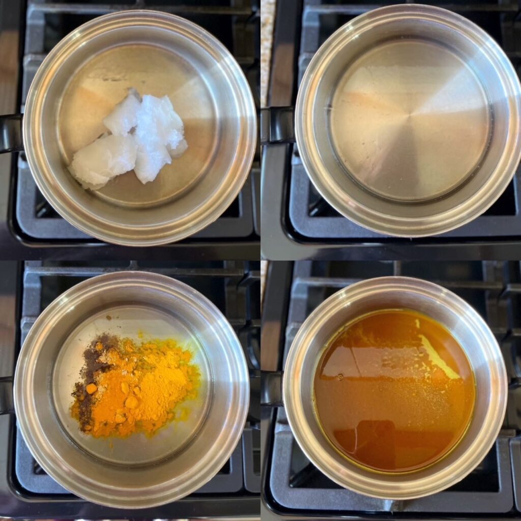 4-photo collage of a pan with oil and spices being mixed together