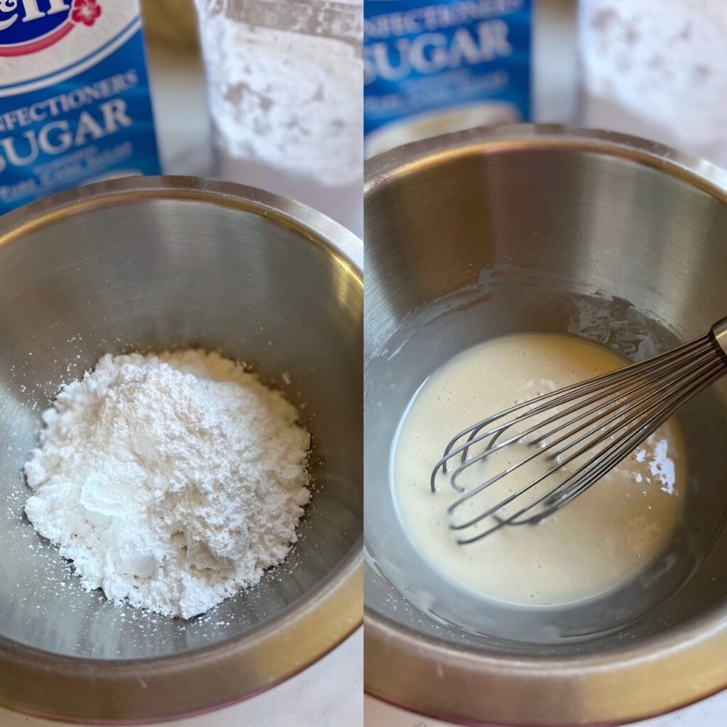 Side by side shot of bowl of powdered sugar and prepared icing