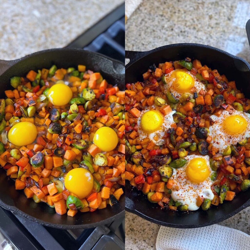Side-by-side shot of skillet before and after baking