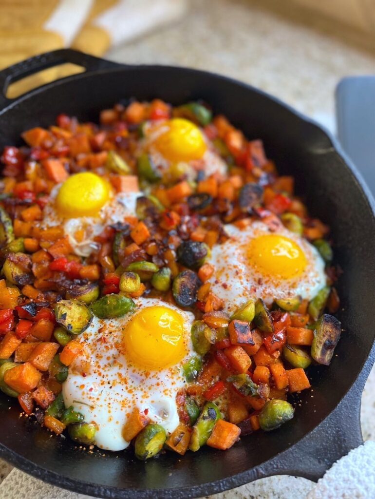 Close up shot of Sweet Potato & Brussels Sprout Hash 