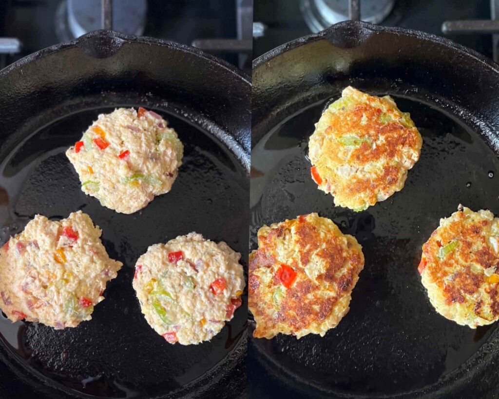Side-by-side images of salmon patties cooking in a skillet