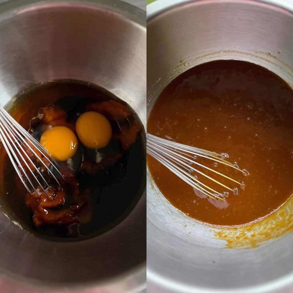 Side-by-side images of wet gingerbread ingredients in a bowl and whisked